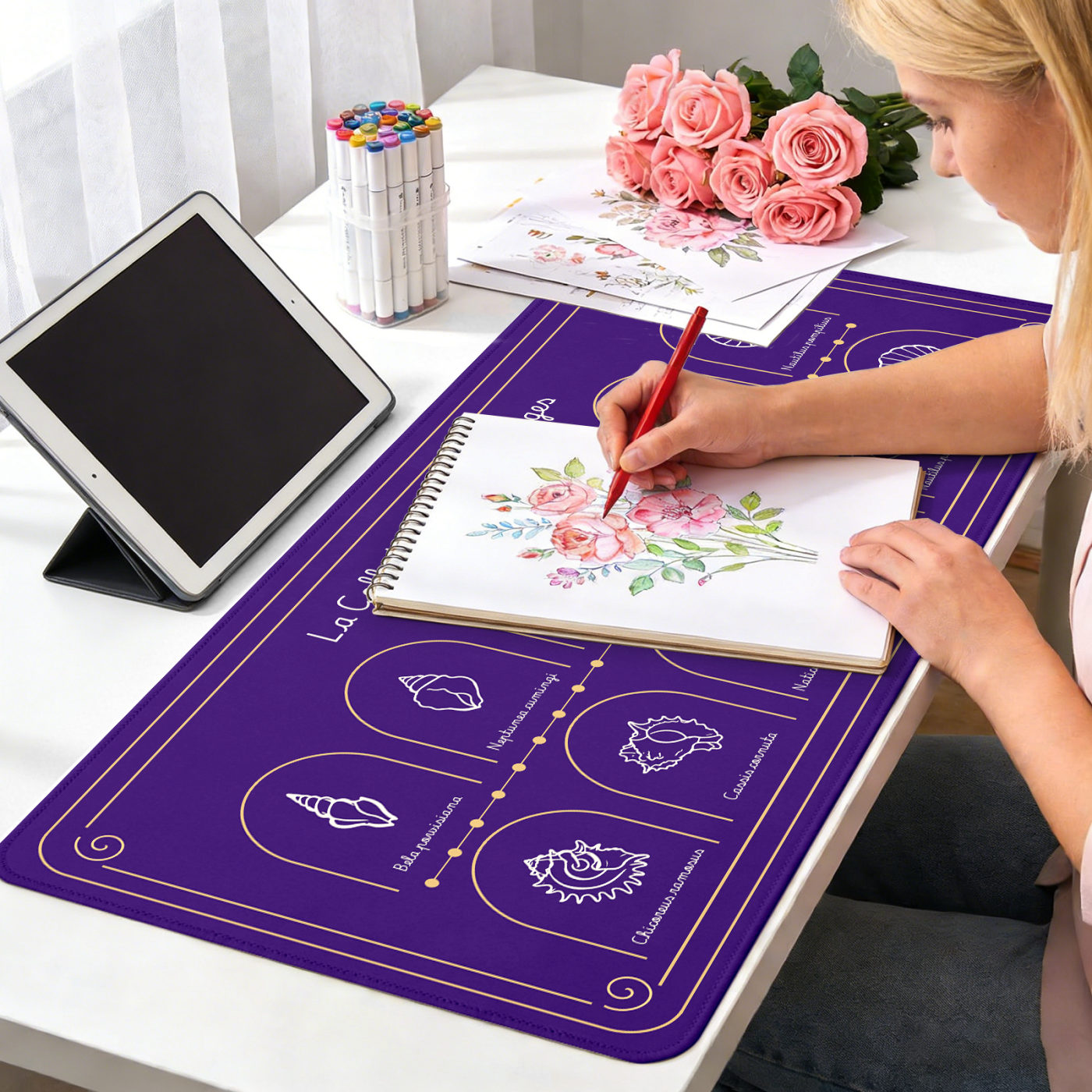 Purple seashell writing pad on a desk